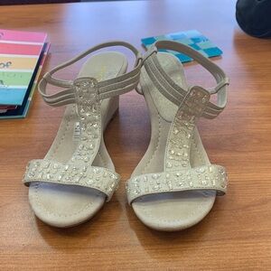 East 5th Beige Embellished Wedge Sandals